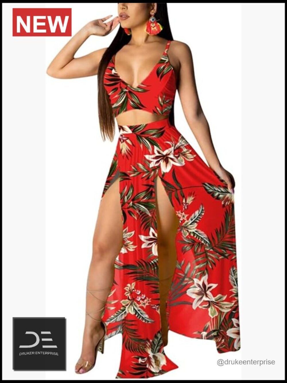 Women's Chiffon Bohemian Floral Printed 2 Piece Set Crop Cami Top & Split Maxi